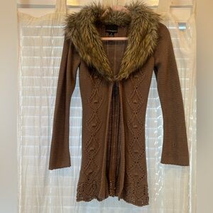 Cynthia Rowley cableknit clasp sweater with faux fur collar